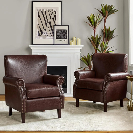 Faux Leather Accent Chairs Set of 2 Comfy Upholstered Brown