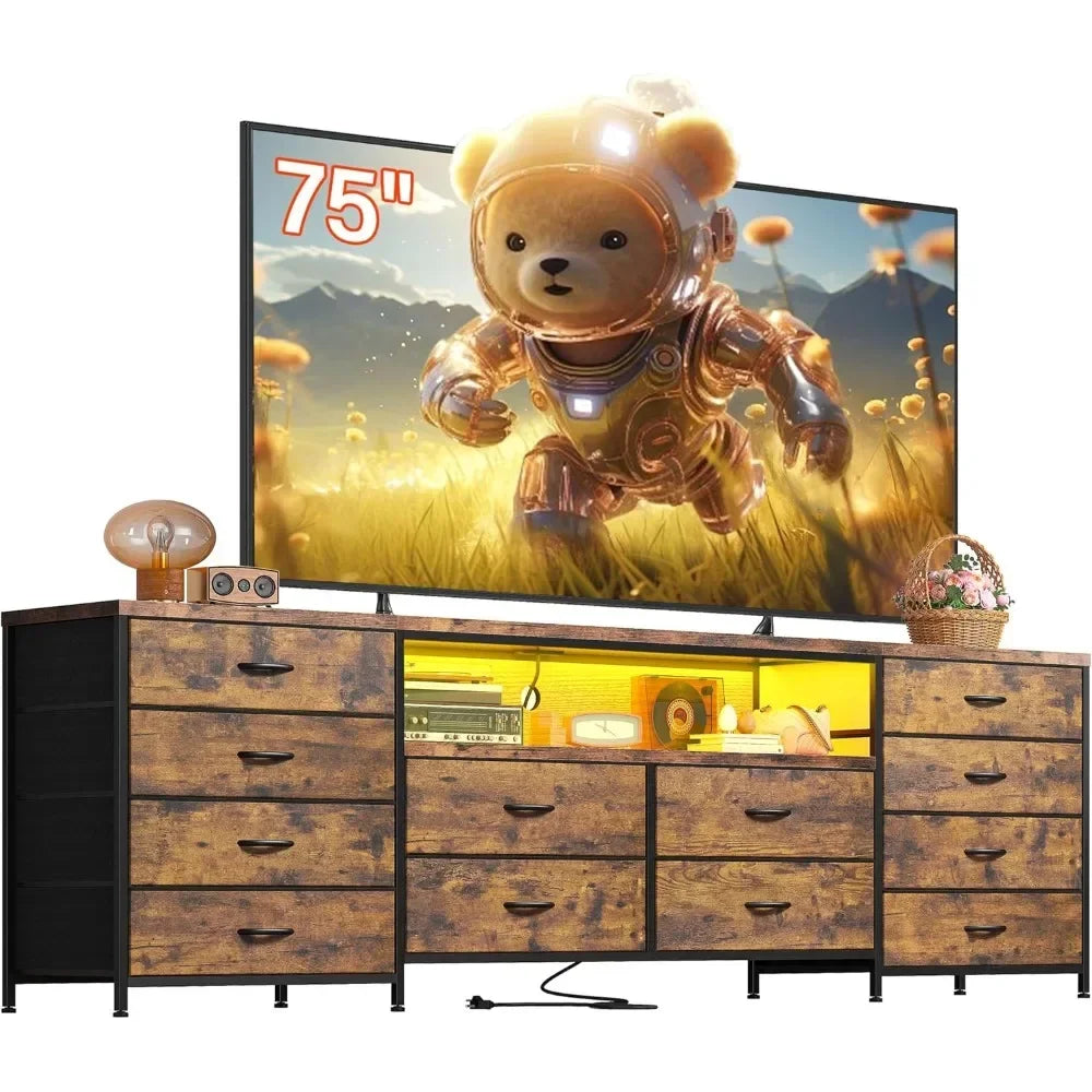 75 Inch TV Stand with LED Lights and 12 Drawer Dresser