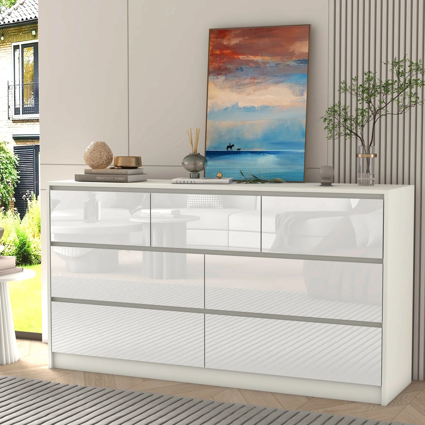 Modern 7 Drawer Dresser with High Gloss Finish in White Black