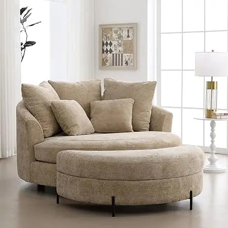 Oversized Round Barrel Chair with Ottoman for Living Room