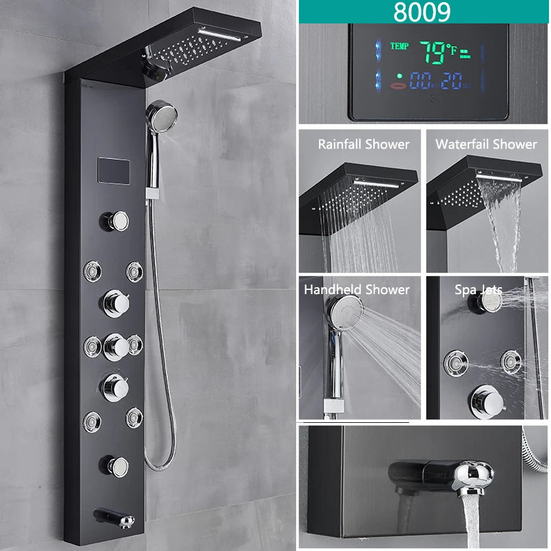 LED Rainfall Shower Faucet Set with Temperature Display and Massage