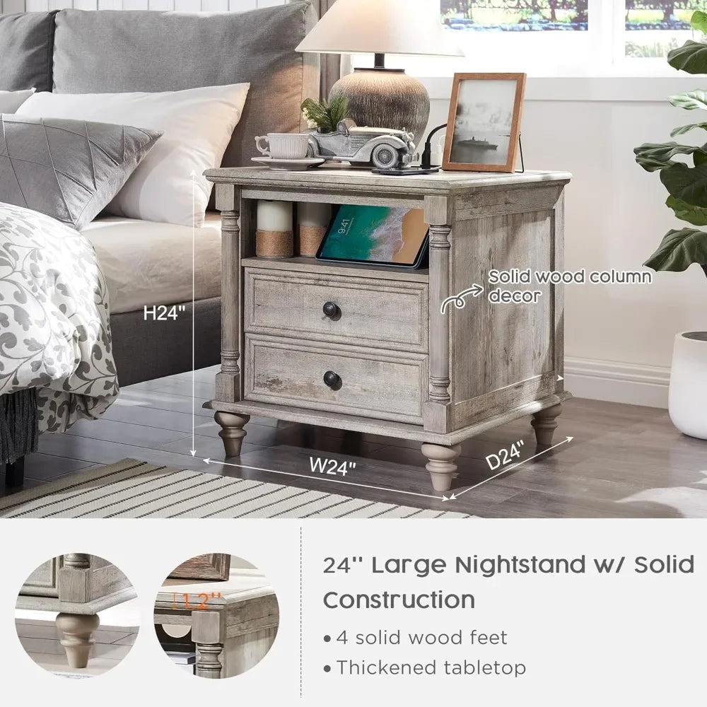 24 Inch Farmhouse End Table with Charging Station and Drawers