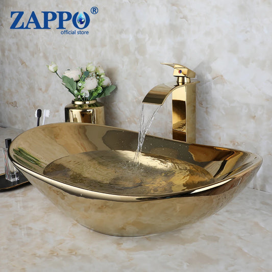 ZAPPO Luxury Gold Vessel Sink and Faucet Combo for Bathrooms