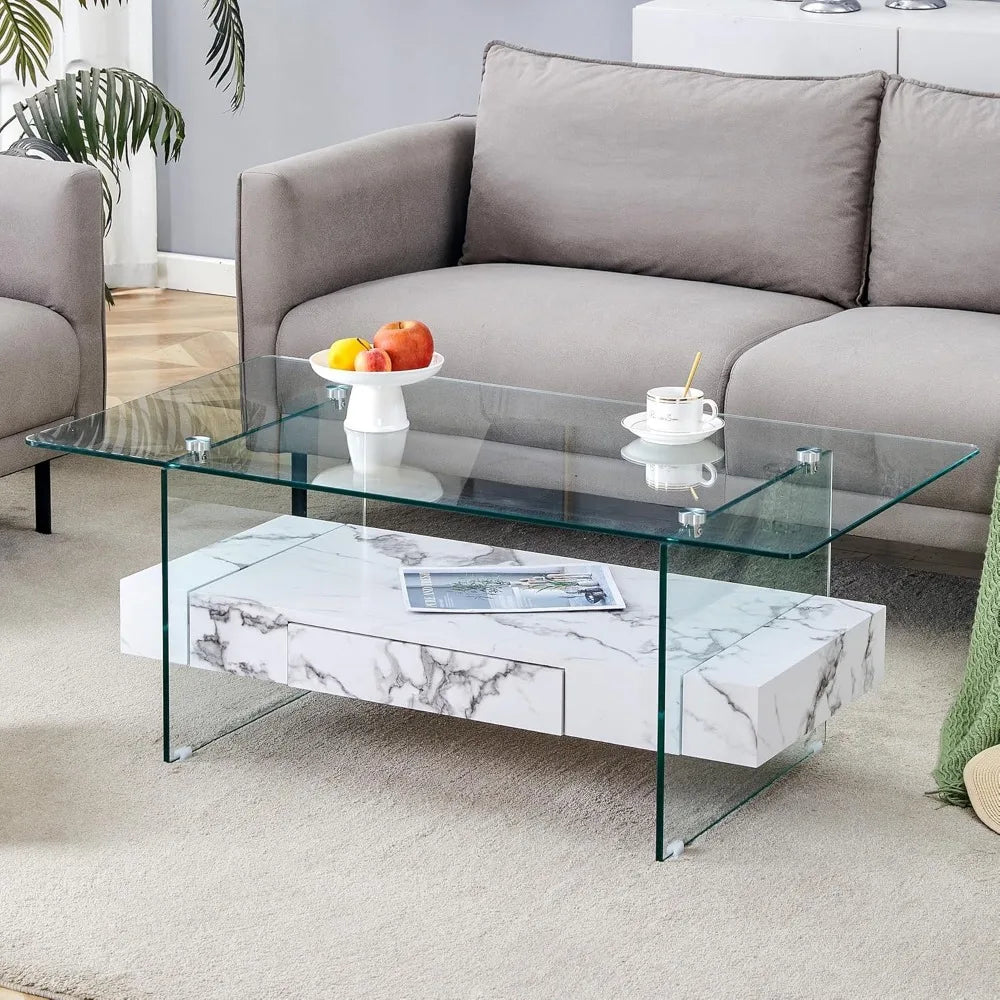 Modern White Rectangle Glass Coffee Table with Storage 43 Inches