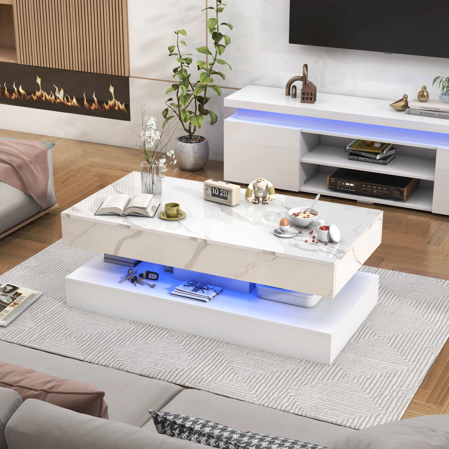 Modern Coffee Table with LED Lights and Double-Layer Design