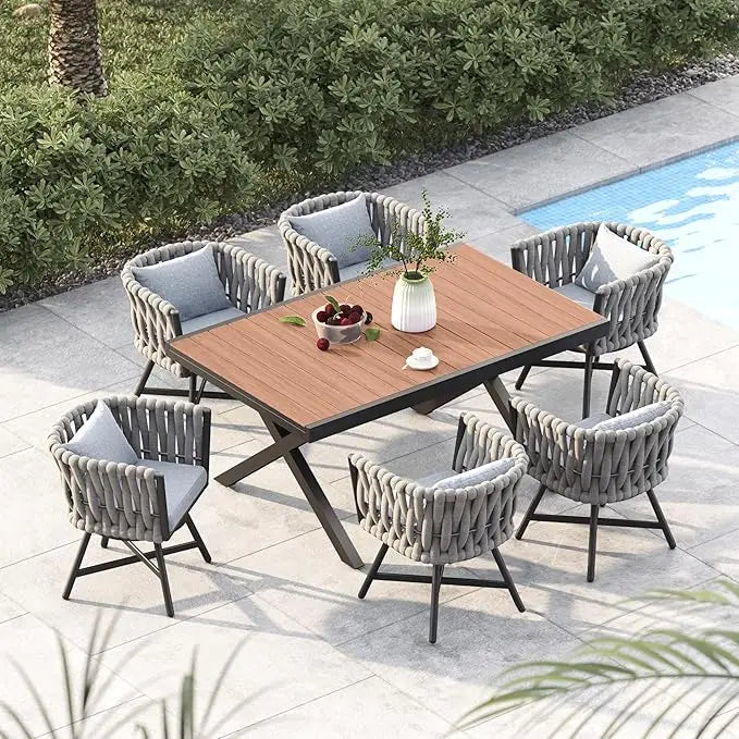 7-Piece Outdoor Dining Set with Swivel Wicker Chairs and Table