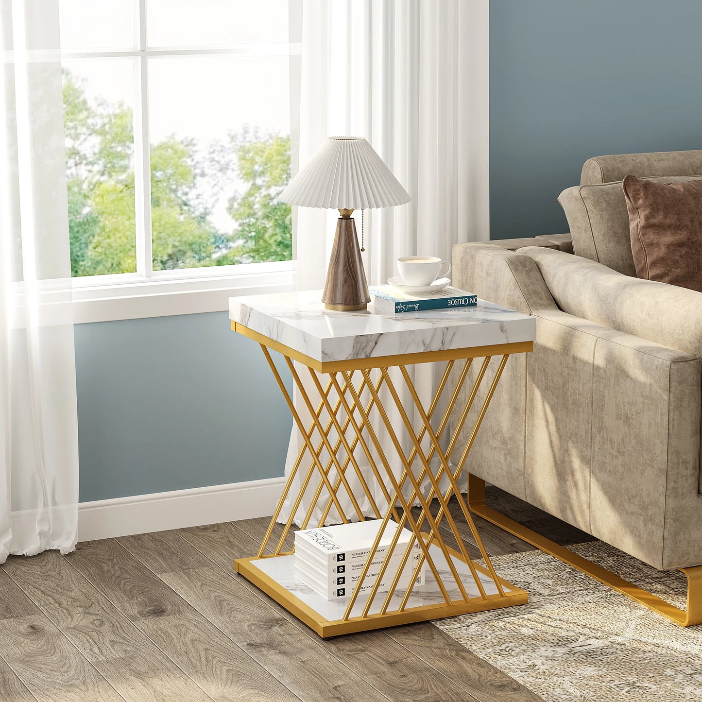 Tribesigns Modern White Gold 2-Tier Square Side Table Set