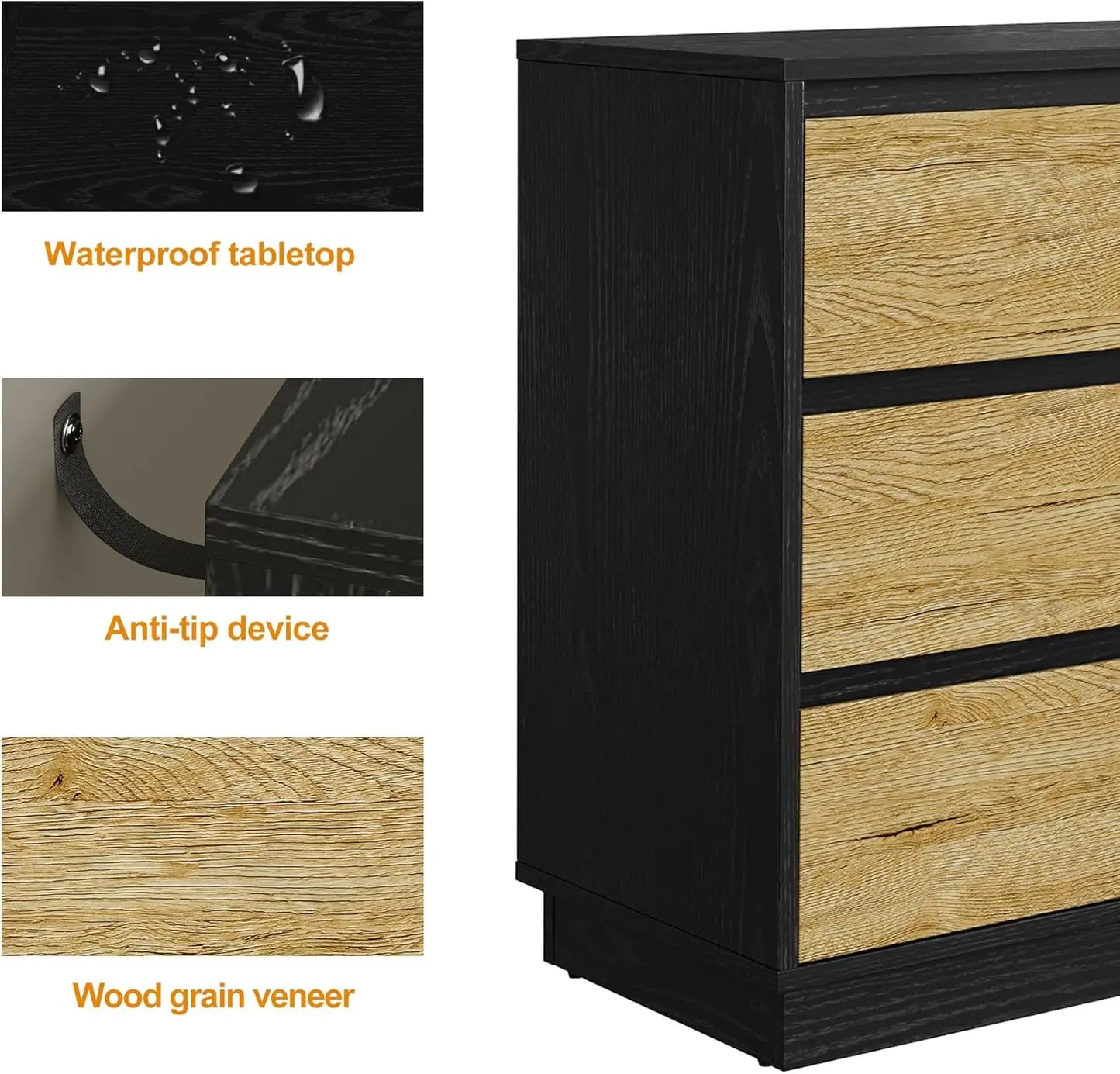 RoyaCraft Black Nightstand Set of 3 with Large Drawers