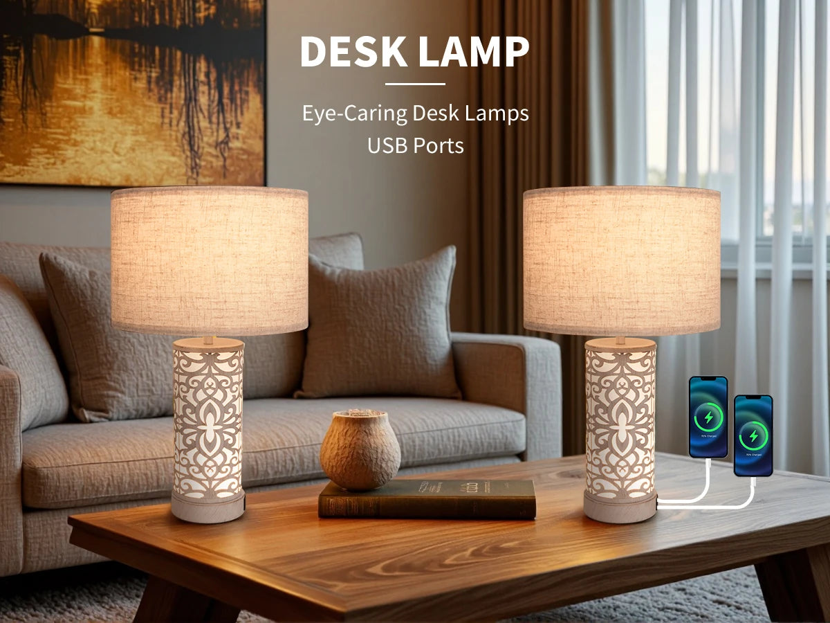 Retro Farmhouse Table Lamp Set with USB Ports and Dimmable Light