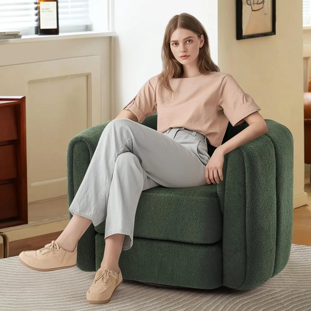 Comfy Green Swivel Accent Chair with Teddy Upholstery