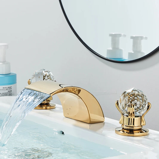 LED Widespread Bathroom Faucet Waterfall Gold Polished Design
