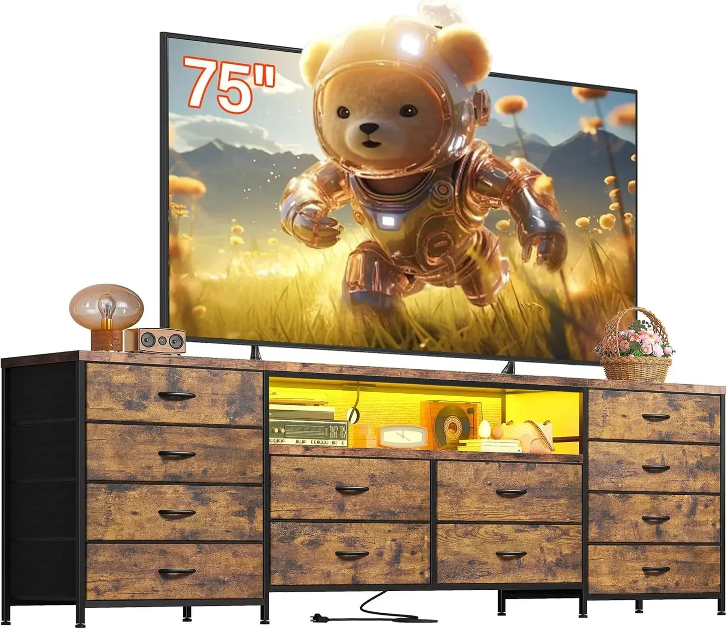 75 Inch TV Stand with LED Lights and 12 Drawer Dresser