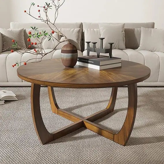 Mid Century Modern Round Walnut Coffee Table for Living Room