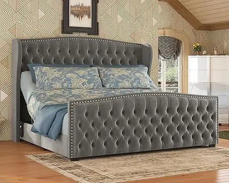 Amerlife King Size Adjustable Bed Frame with Velvet Headboard