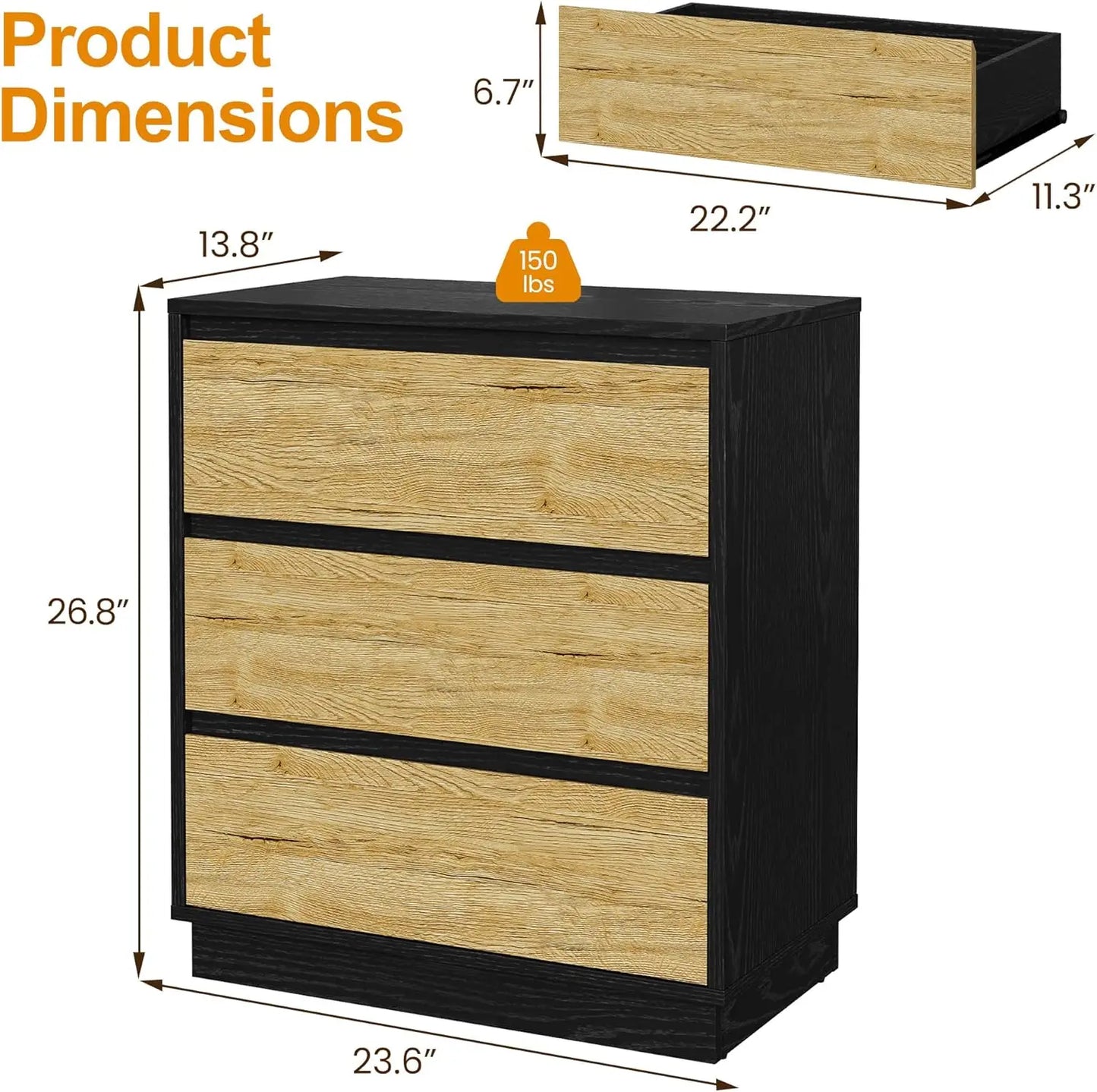 RoyaCraft Black Nightstand Set of 3 with Large Drawers