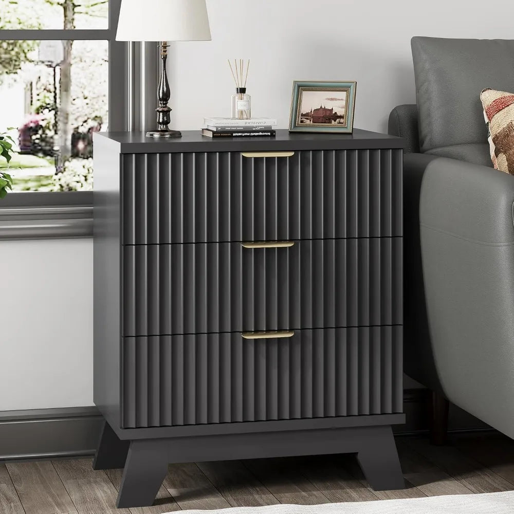 Fluted Nightstand with 3 Drawers Mid Century Modern Design