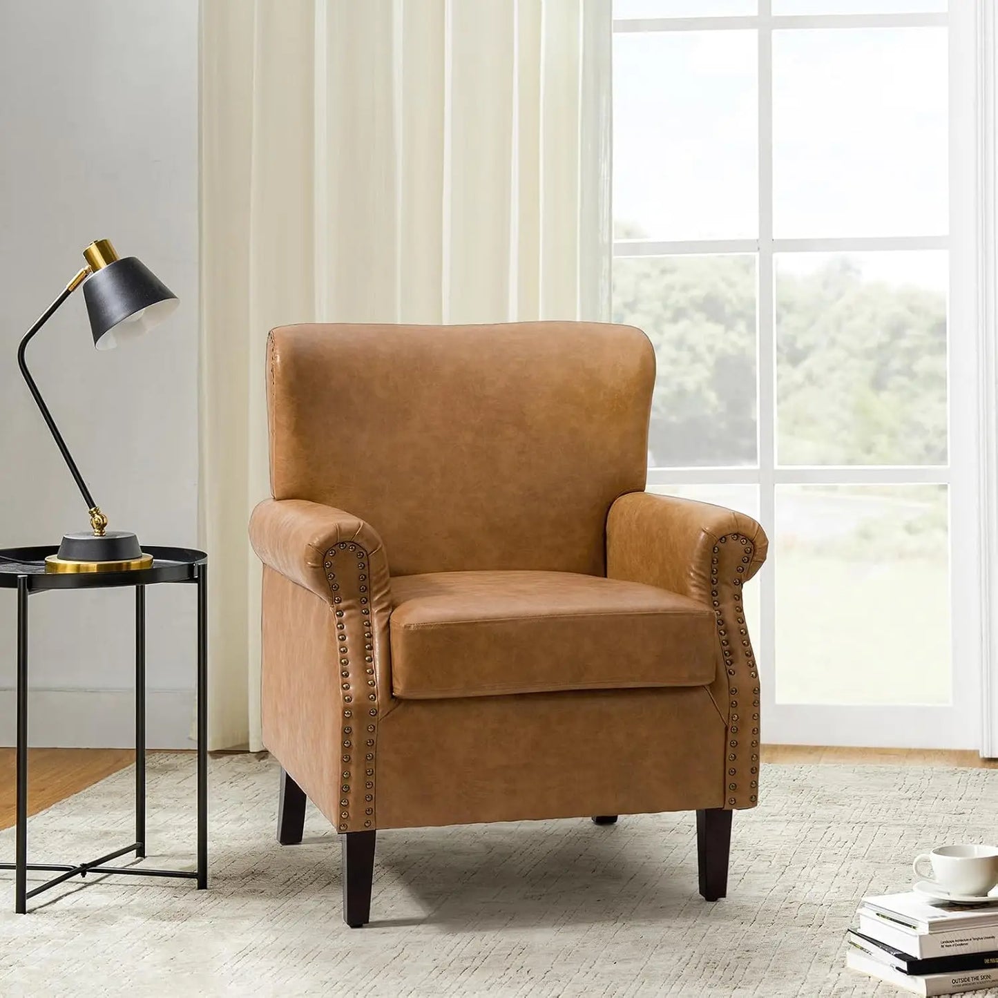 Faux Leather Accent Chairs Set of 2 Comfy Upholstered Brown