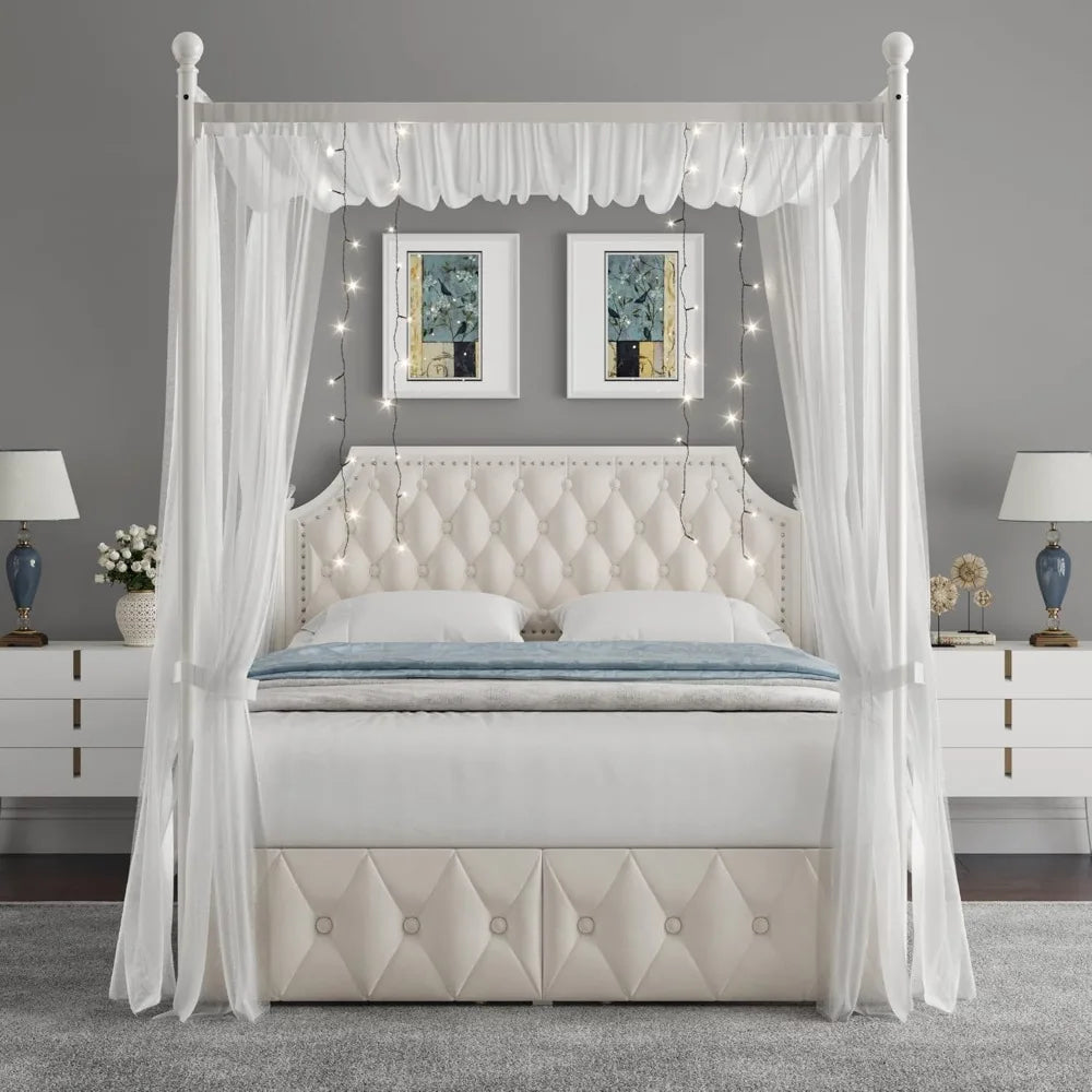 Keyluv Queen Upholstered Canopy Bed Frame with Storage Drawers