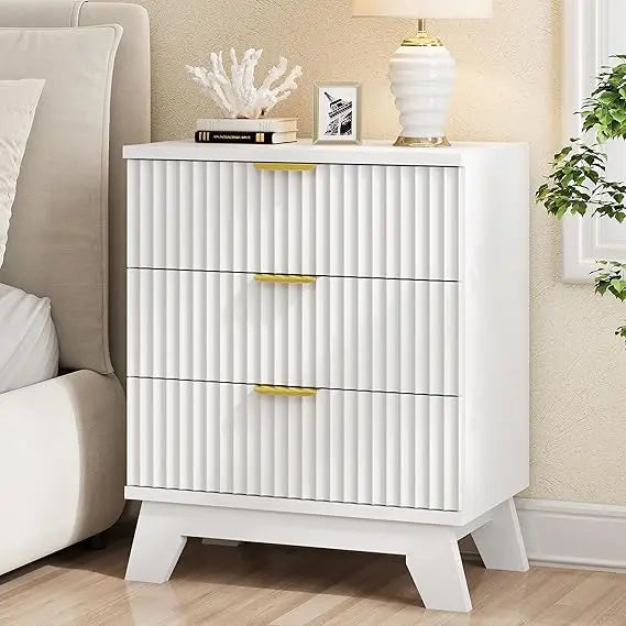 Fluted Nightstand with 3 Drawers Mid Century Modern Design