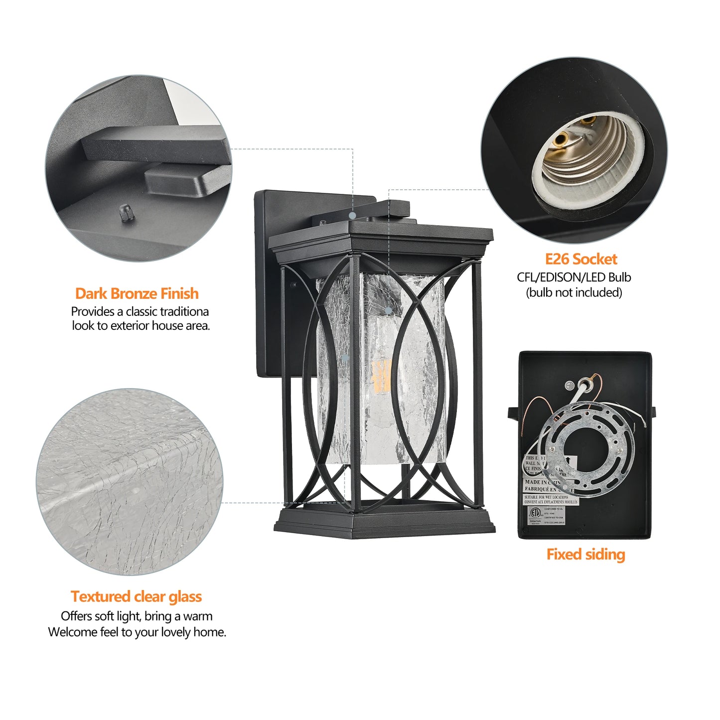 Black Outdoor Wall Lantern with Crackled Glass and E26 Base