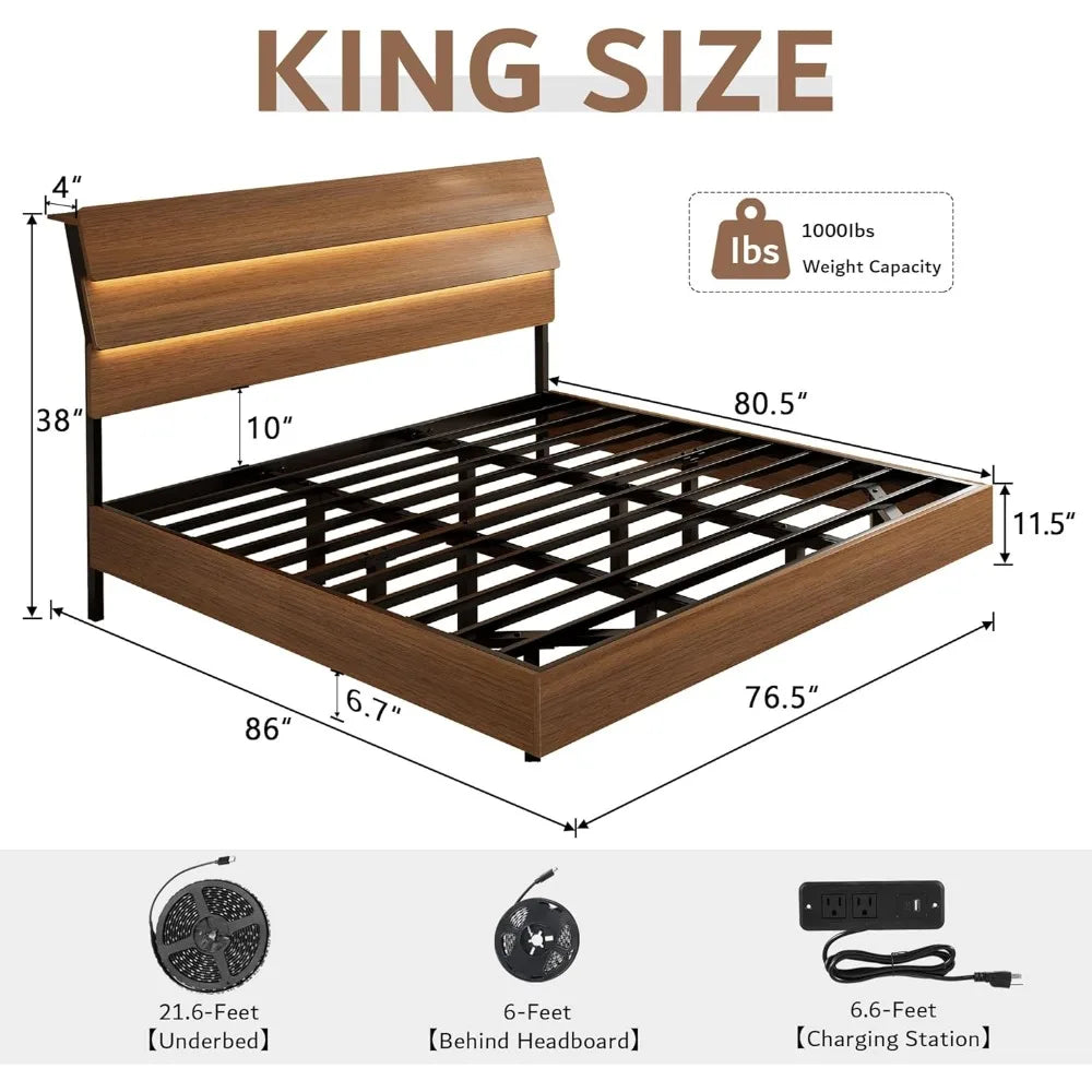 Floating King Size Metal Bed Frame with LED Lights and Storage