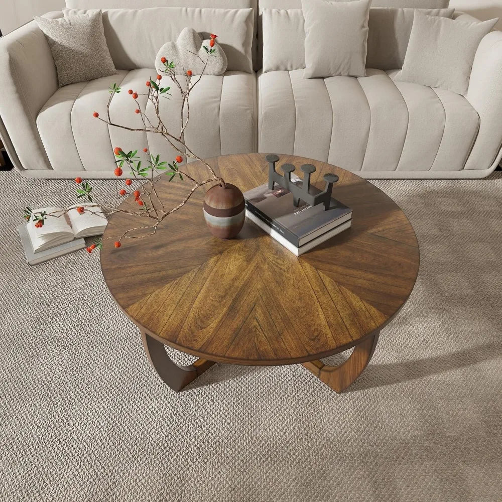 Mid Century Modern Round Walnut Coffee Table for Living Room