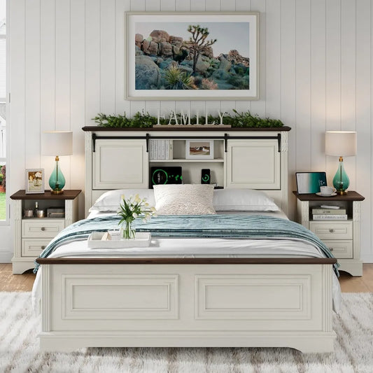 Antique White Queen Bed Frame with Storage Headboard and Bookcase
