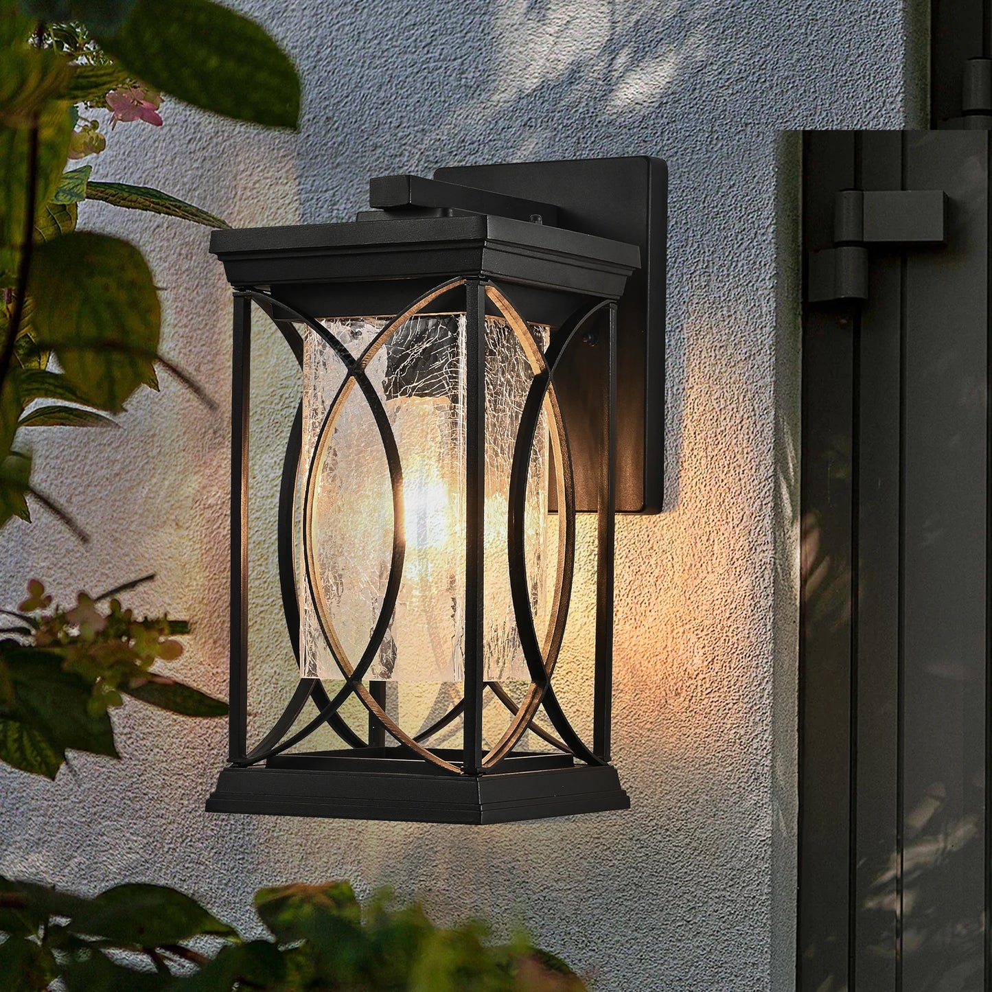 Black Outdoor Wall Lantern with Crackled Glass and E26 Base