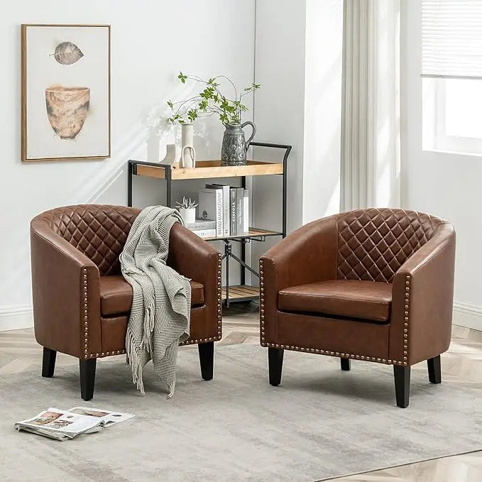 29 Inch Faux Leather Barrel Chairs Set of 2 Modern Accent Chairs