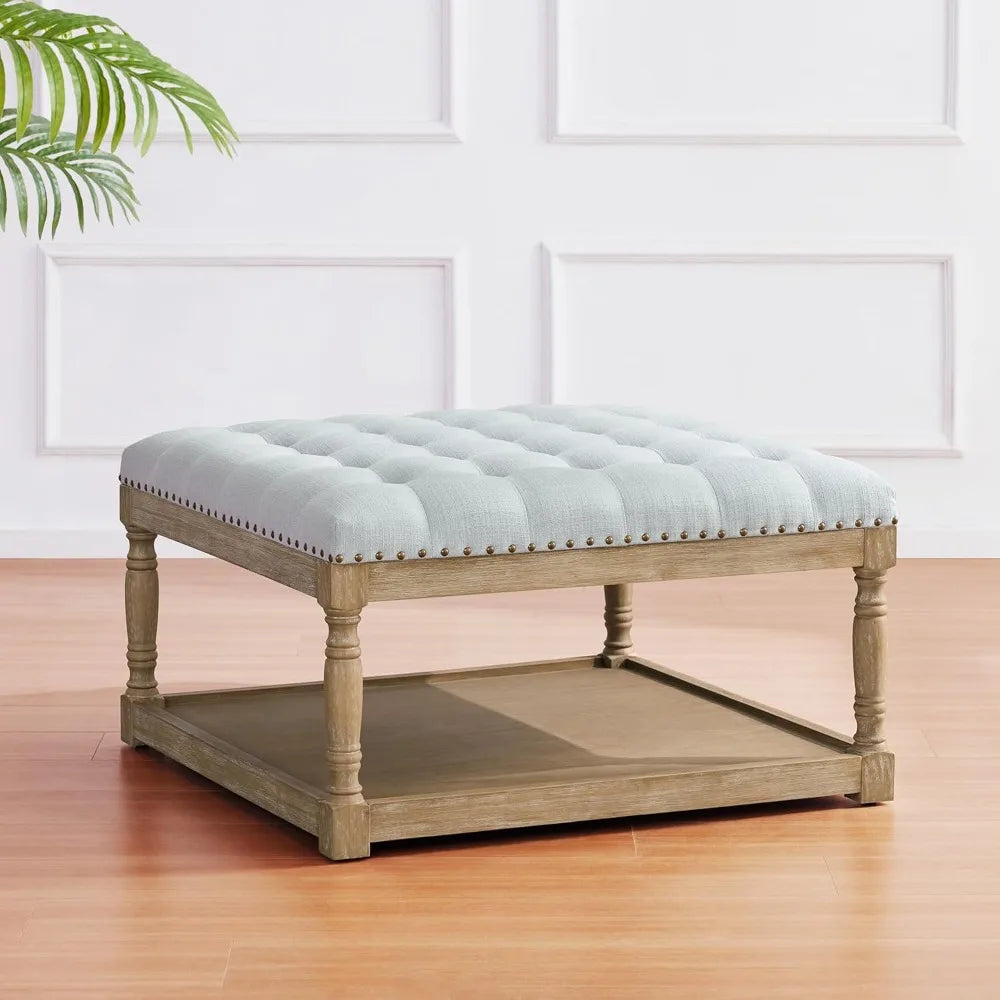 Large Square Tufted Ottoman Coffee Table with Storage Shelf