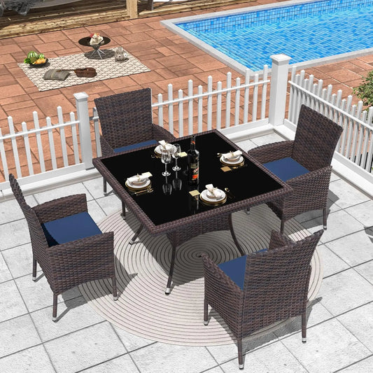 5 Piece Rattan Patio Dining Set with Cushions and Navy Blue Chairs