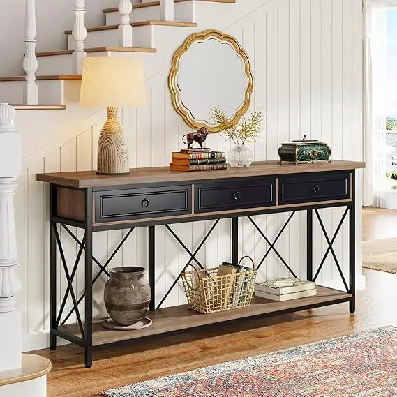 Extra Long Farmhouse Console Table with Storage Drawers