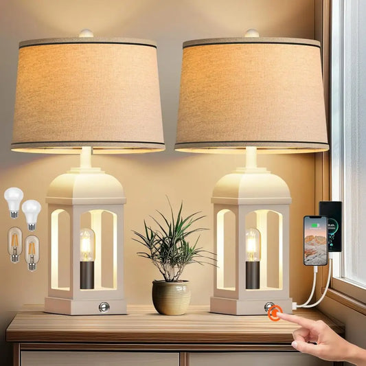 Rustic Touch Table Lamp Set of 2 with USB and Nightlight
