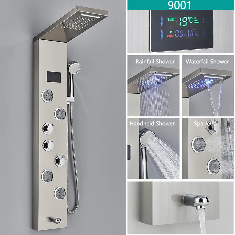 LED Rainfall Shower Faucet Set with Temperature Display and Massage