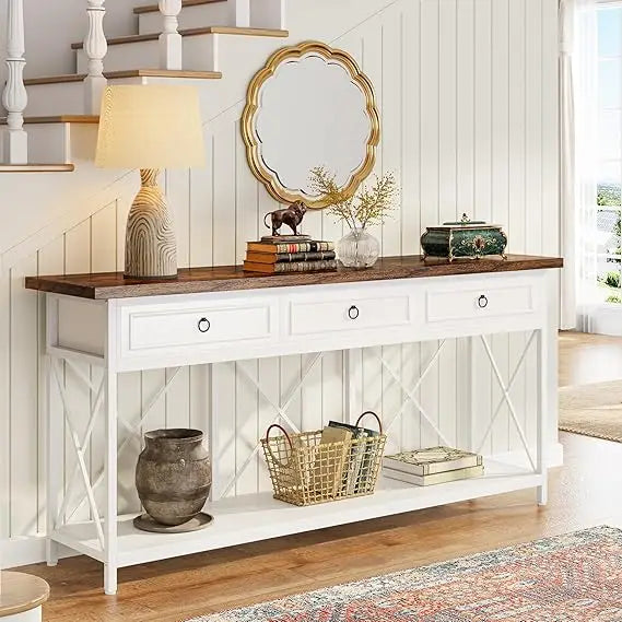 Extra Long Farmhouse Console Table with Storage Drawers