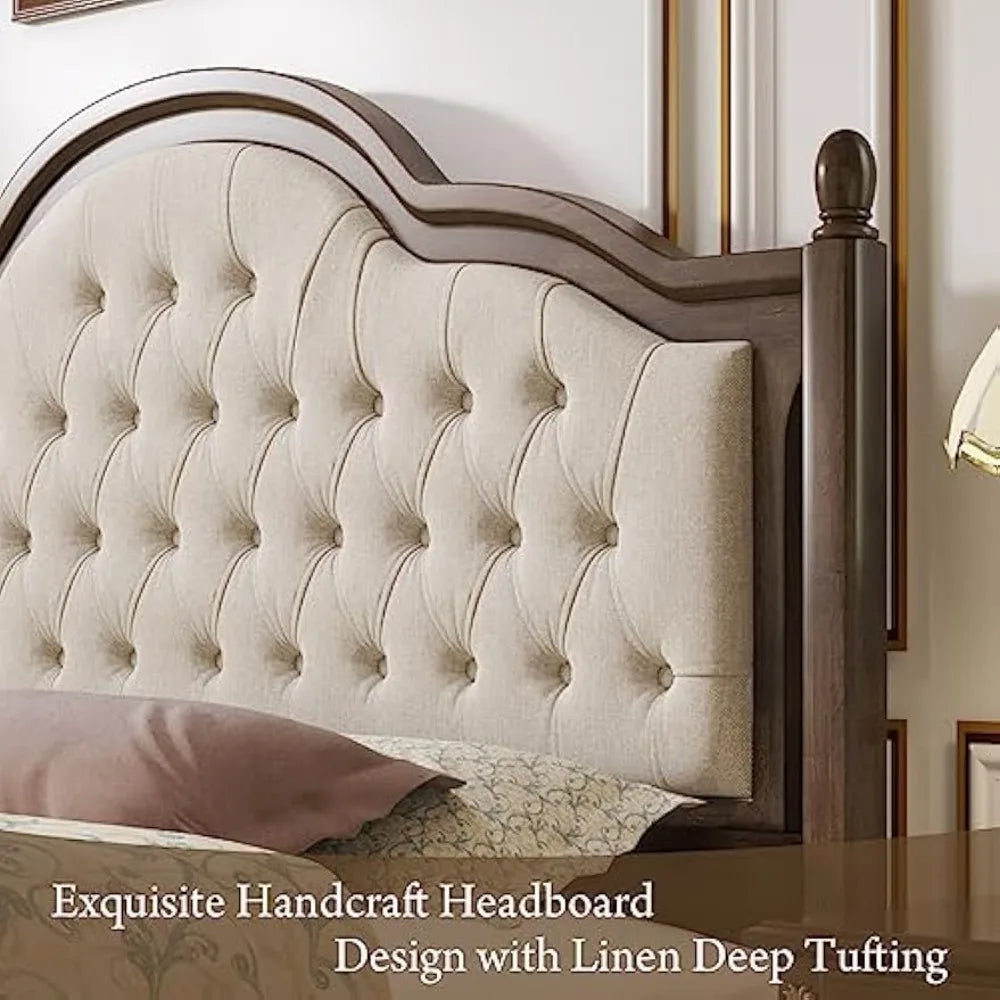 King Size Wood Bed Frame with Upholstered Headboard and Storage