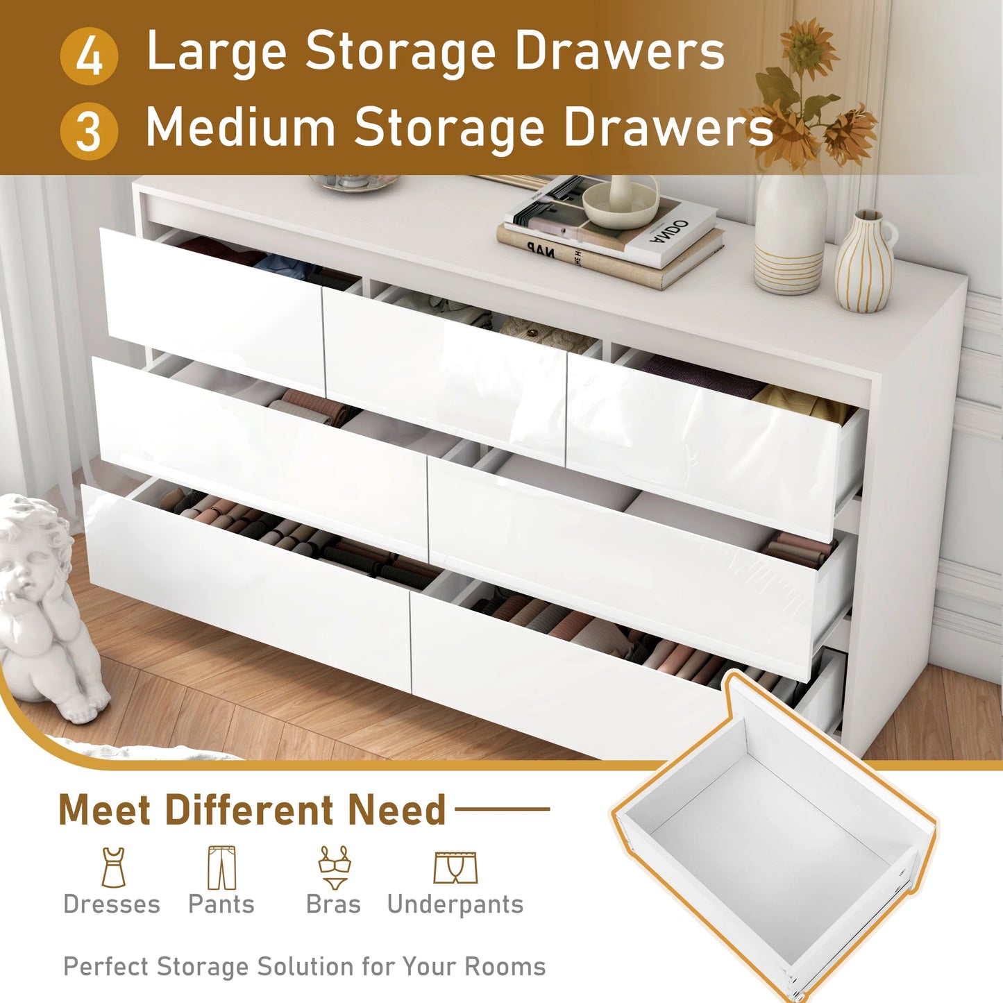 Modern 7 Drawer Dresser with High Gloss Finish in White Black