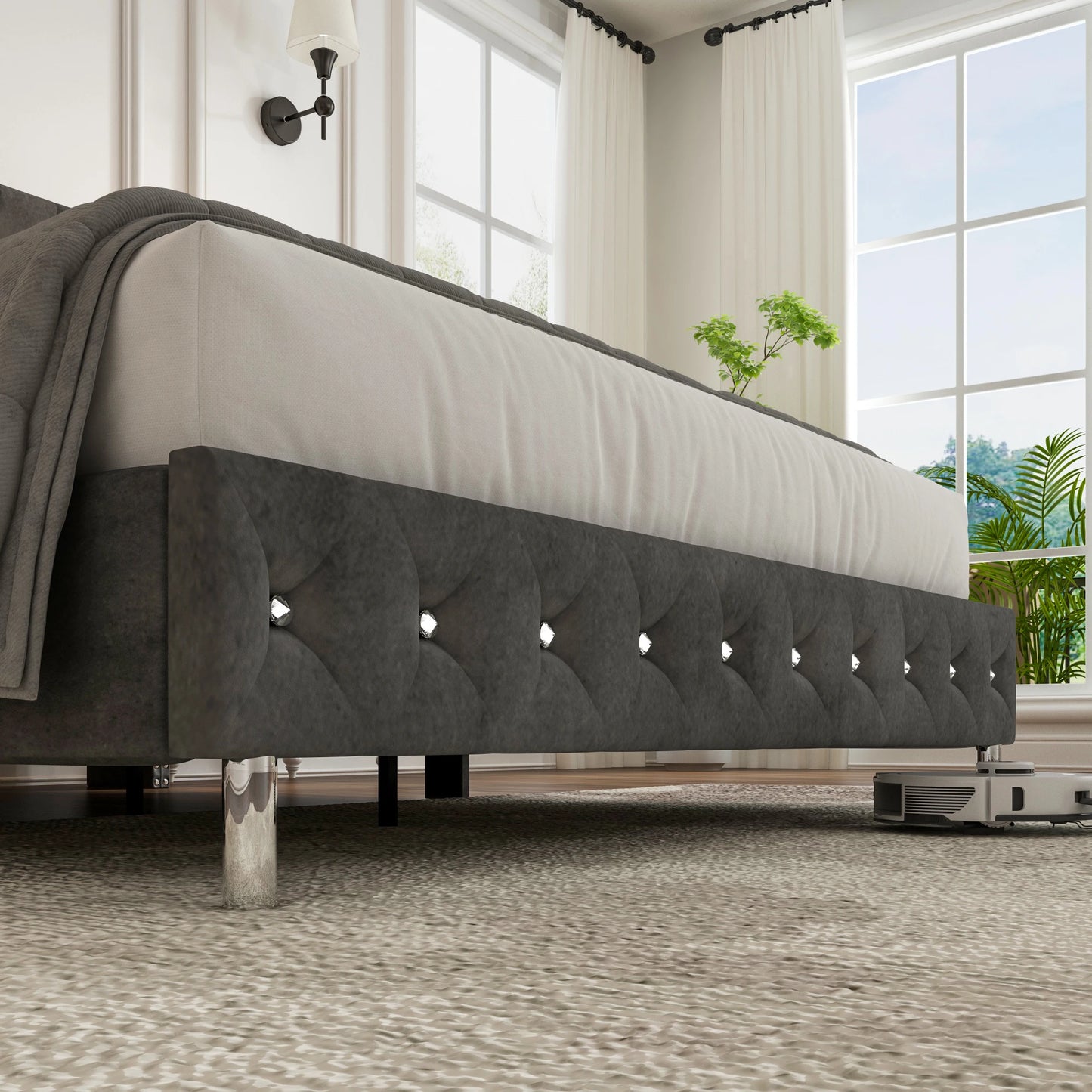 Queen Size Upholstered Bed Frame with Wingback Headboard and LED