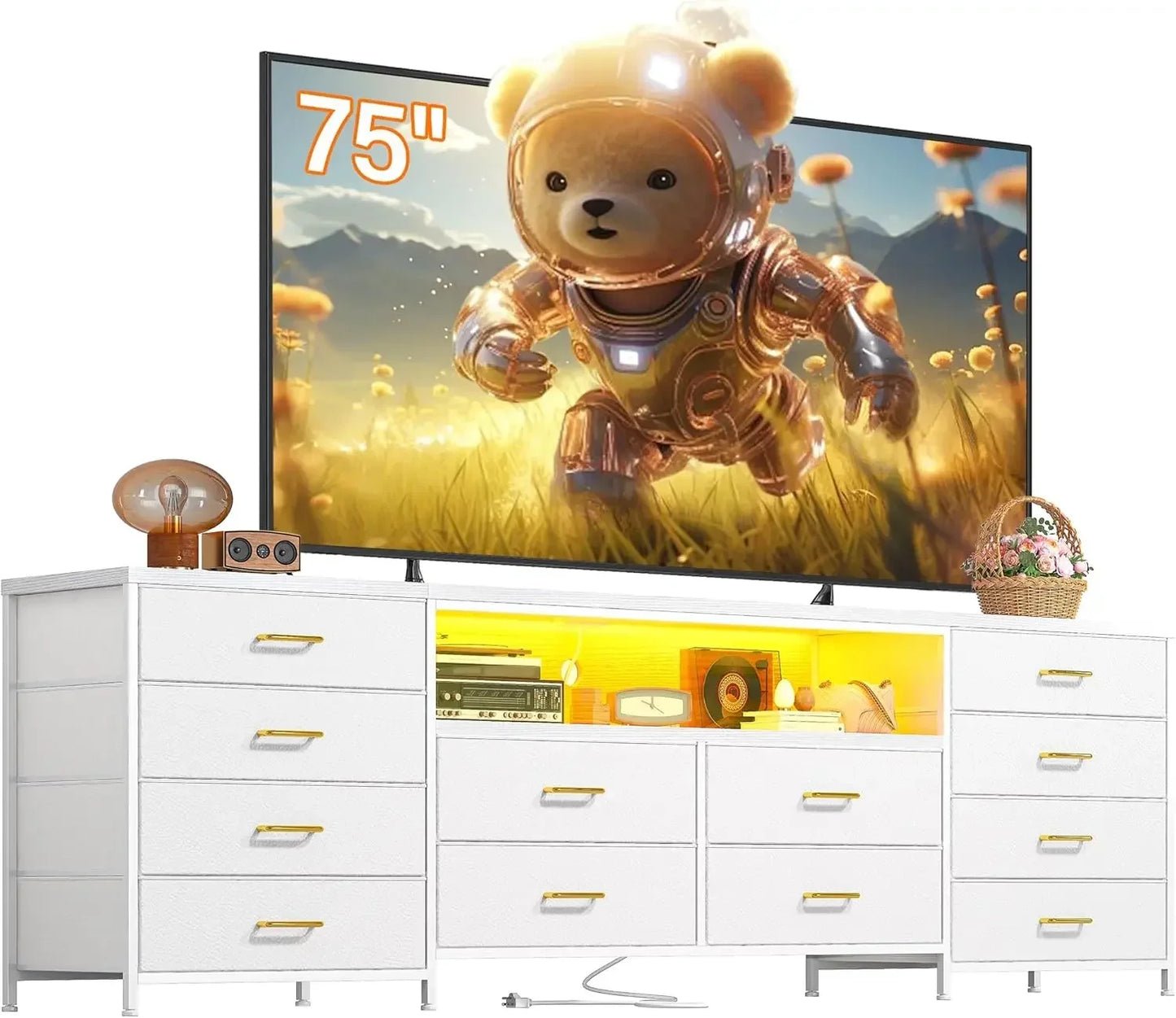 75 Inch TV Stand with LED Lights and 12 Drawer Dresser