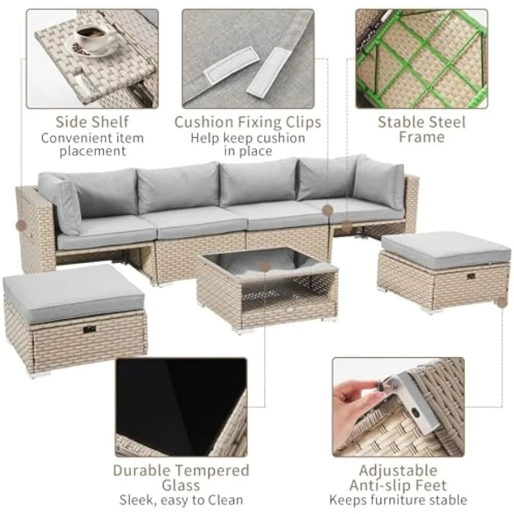 7 Piece Boho Wicker Patio Furniture Set for Outdoor Conversation