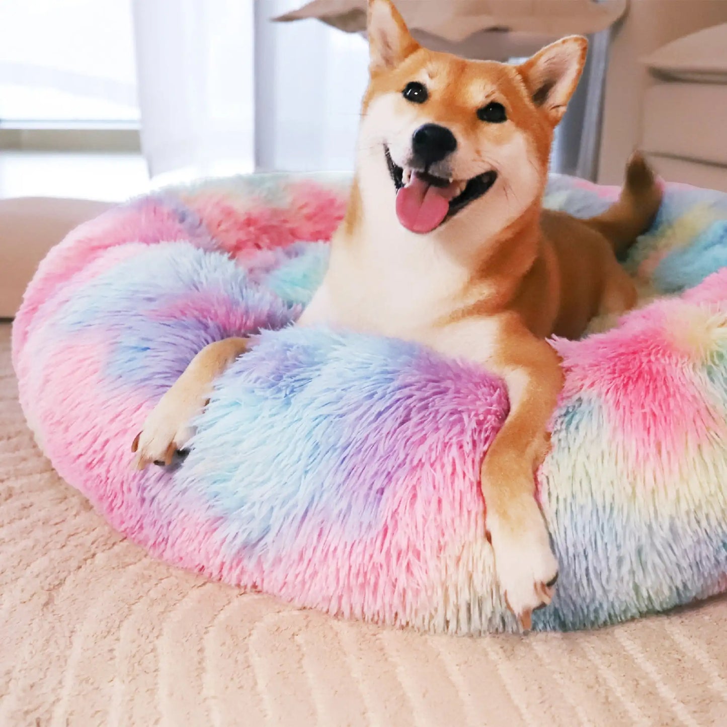 Calming Donut Pet Bed for Large Dogs 36 Inch Pink Rainbow