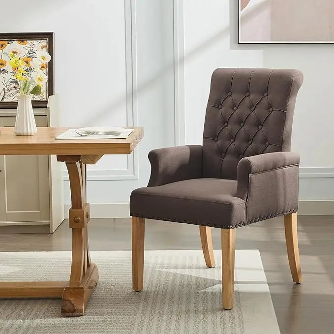 Upholstered Tufted Dining Chair with Arms and Solid Wood Legs