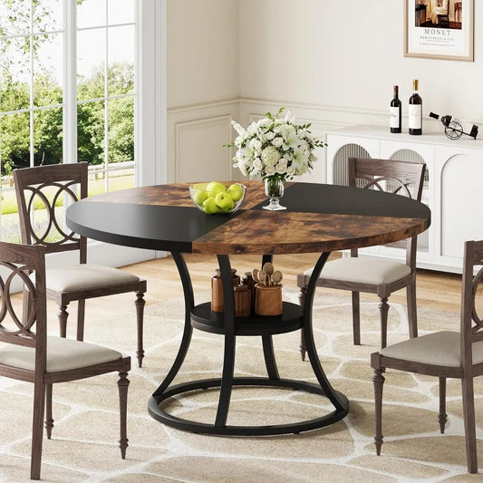 Round Dining Table for 4 to 6 with Storage Shelf and Metal Base