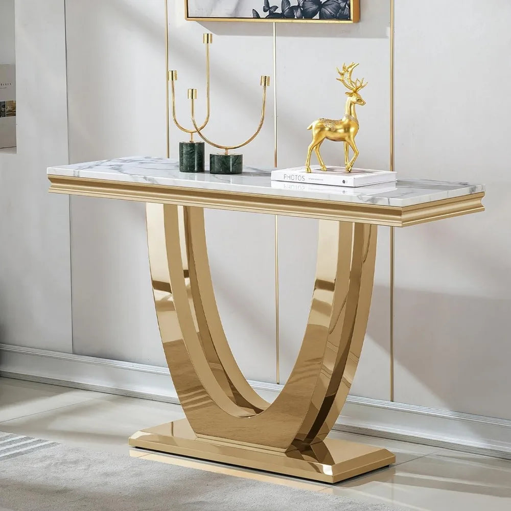 White Marble Console Table with Stainless Steel Base for Living Room