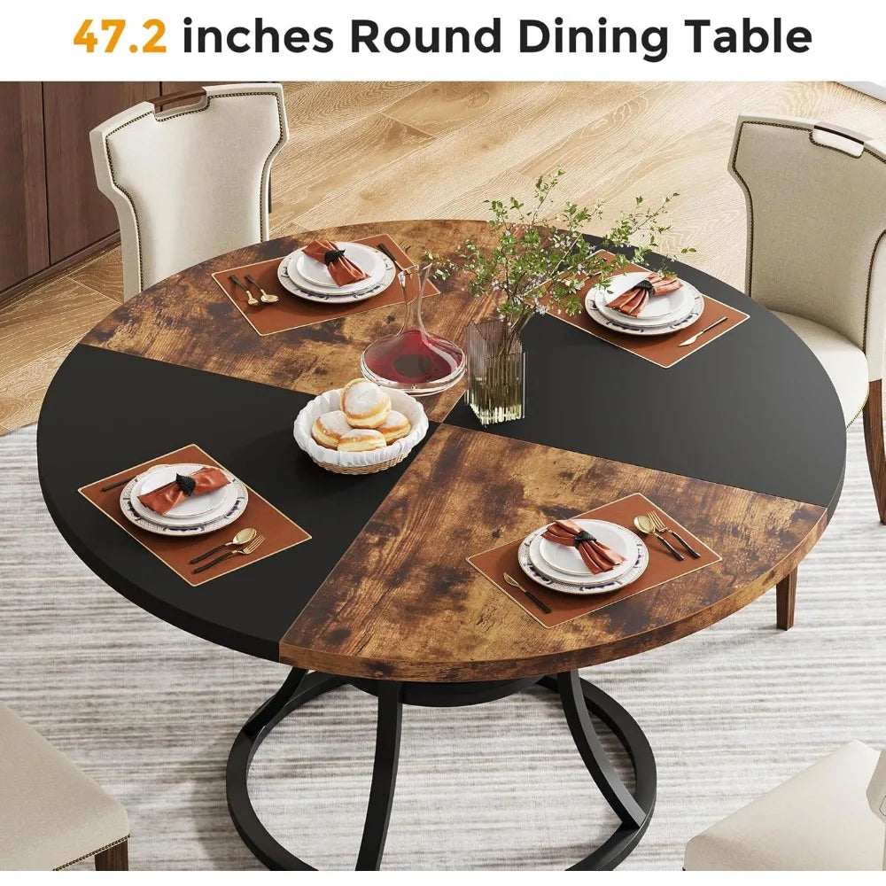 Round Dining Table for 4 to 6 with Storage Shelf and Metal Base