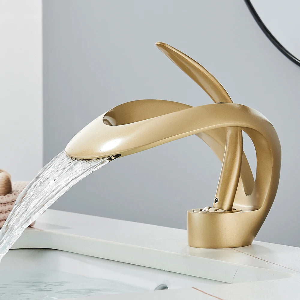 Gold Brass Waterfall Bathroom Faucet Single Handle Mixer Tap