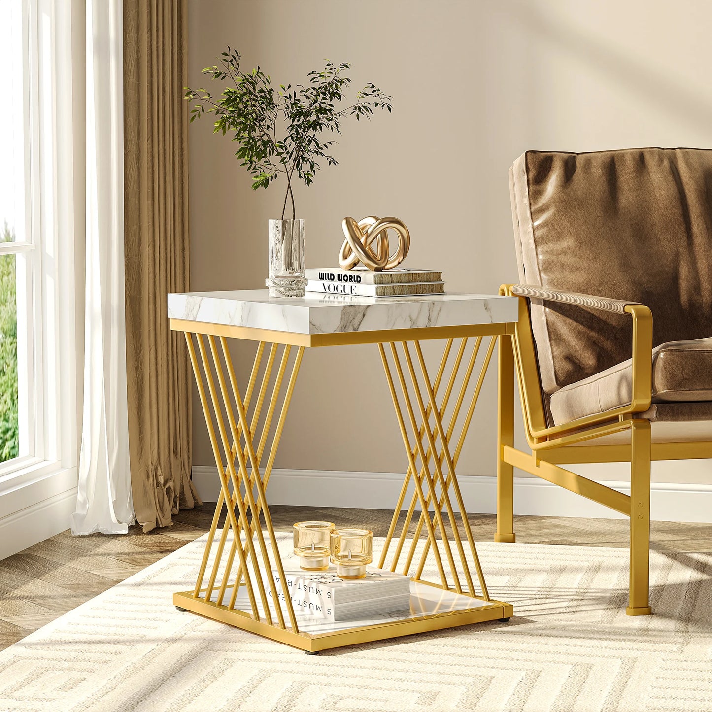 Tribesigns Modern White Gold 2-Tier Square Side Table Set