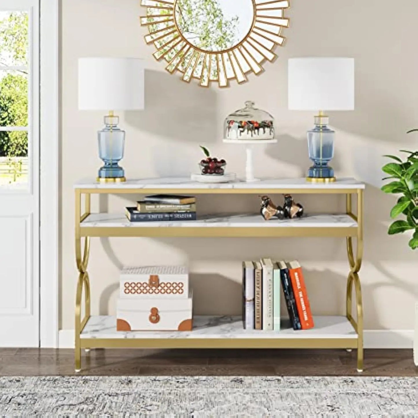 Modern 3 Tier Console Table with Faux Marble Top and Storage Shelves