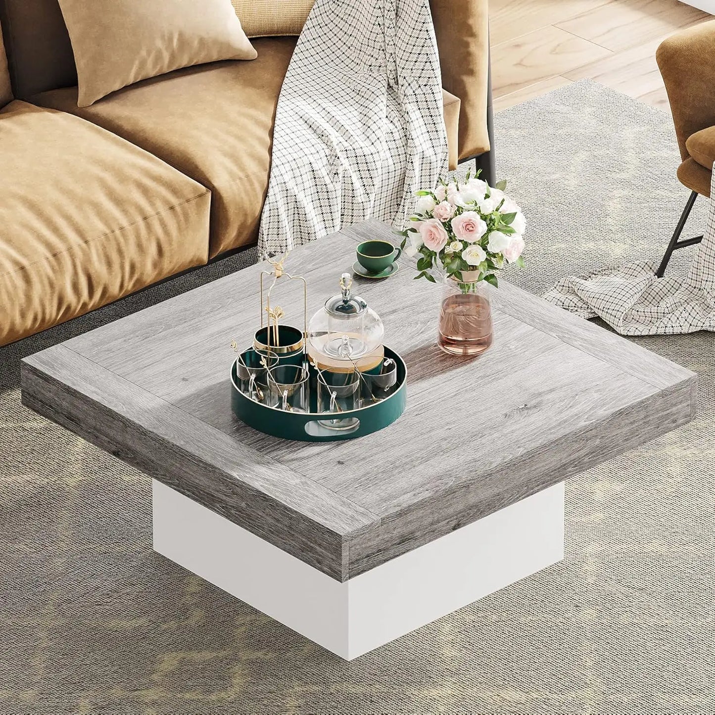 Farmhouse Square LED Coffee Table for Living Room Decor