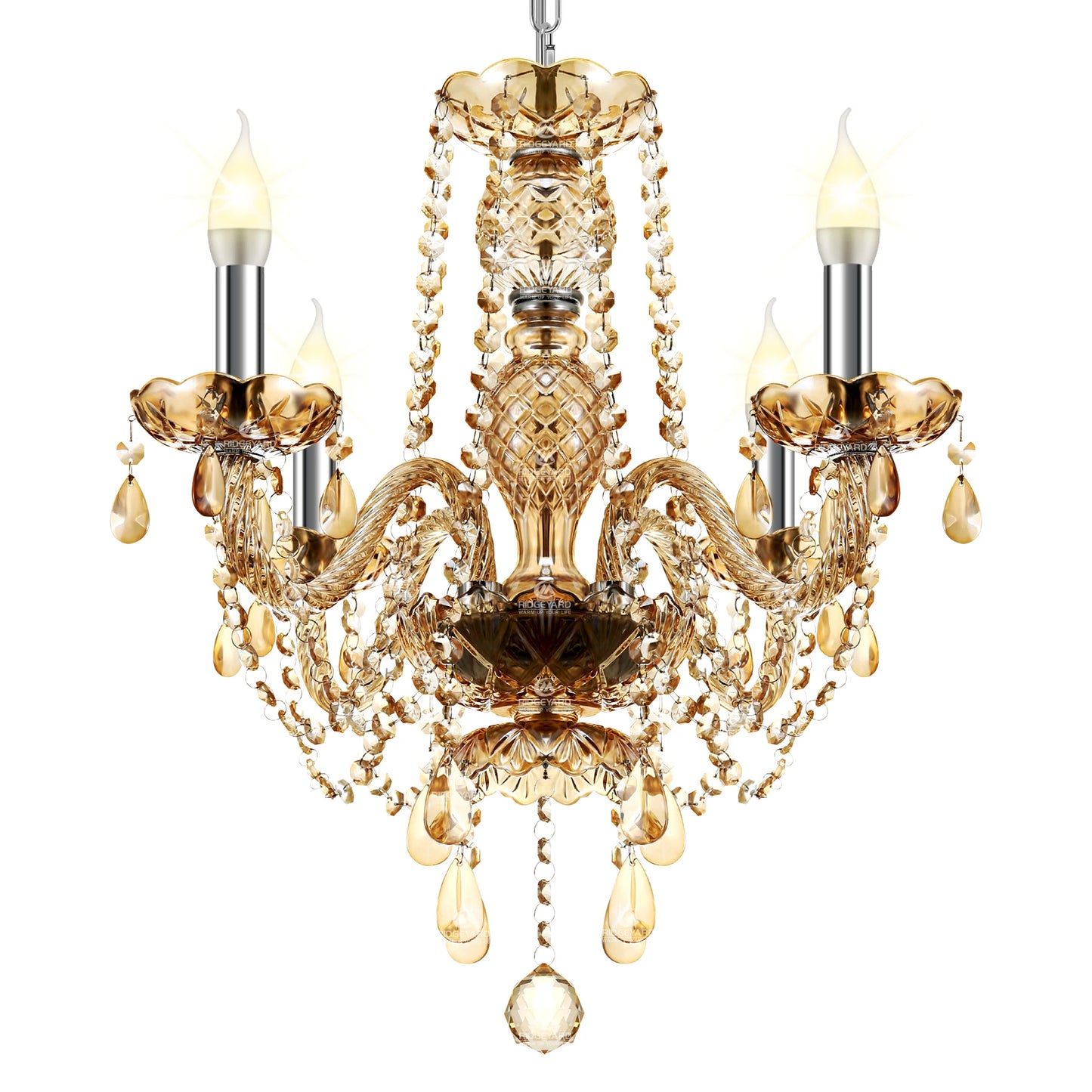 4 Arms Crystal Chandelier Pendant Light in Cognac Gold Finish